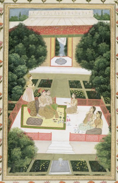 A Couple in a Garden Listening to Music with Female Attendants, from the Small Clive Album by Mughal School